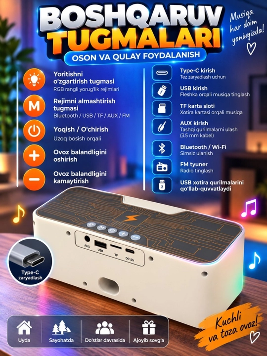 Karaoke uchun 2 ta mikrofonli portativ Bluetooth kalonka K12, karnay, RGB