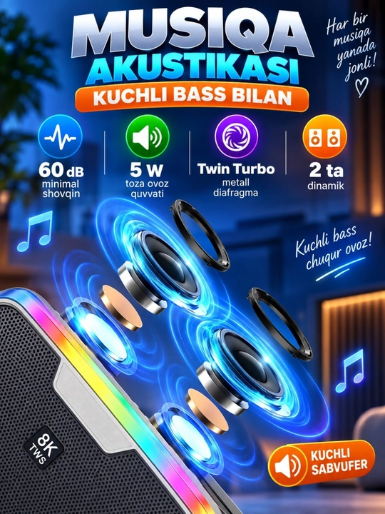 Karaoke uchun 2 ta mikrofonli portativ Bluetooth kalonka K12, karnay, RGB