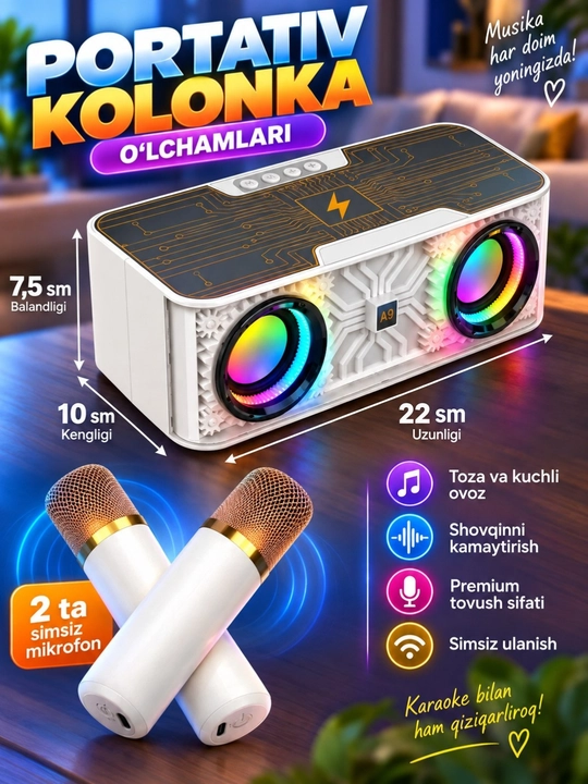 Karaoke uchun 2 ta mikrofonli portativ Bluetooth kalonka K12, karnay, RGB