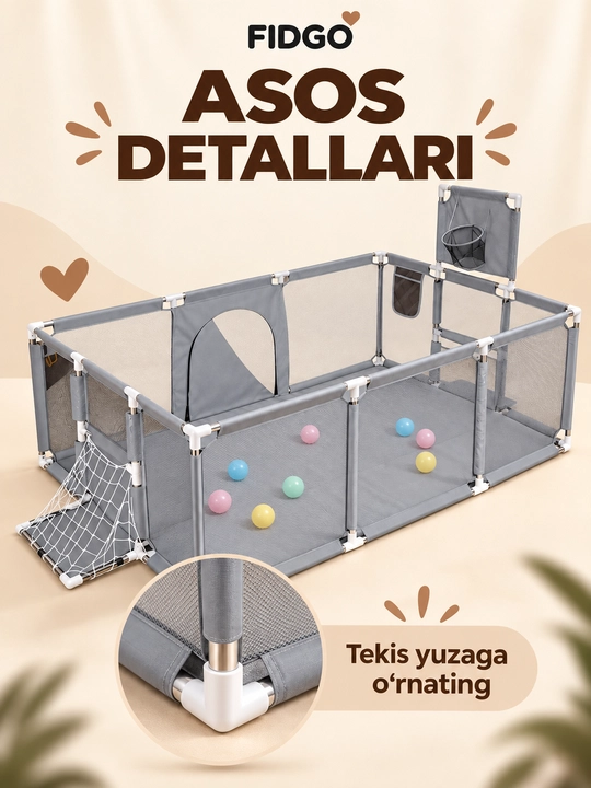 Sharlar, to‘rli devorlar va yashin tezligidagi kirish joyi bilan jihozlangan FIDGO bolalar o‘yin maydoni