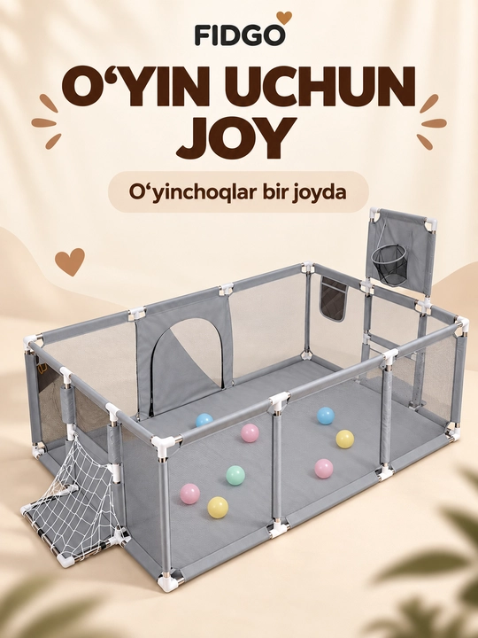 Sharlar, to‘rli devorlar va yashin tezligidagi kirish joyi bilan jihozlangan FIDGO bolalar o‘yin maydoni
