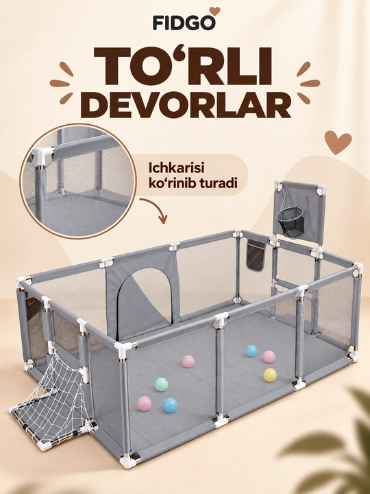 Sharlar, to‘rli devorlar va yashin tezligidagi kirish joyi bilan jihozlangan FIDGO bolalar o‘yin maydoni