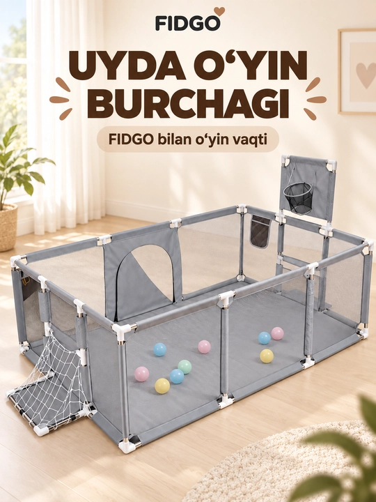 Sharlar, to‘rli devorlar va yashin tezligidagi kirish joyi bilan jihozlangan FIDGO bolalar o‘yin maydoni