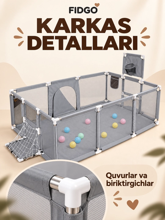 Sharlar, to‘rli devorlar va yashin tezligidagi kirish joyi bilan jihozlangan FIDGO bolalar o‘yin maydoni