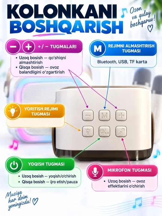 Karaoke uchun 2 ta mikrofonli portativ Bluetooth kalonka K12, karnay, RGB
