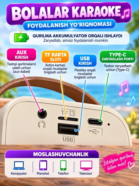 Karaoke uchun 2 ta mikrofonli portativ Bluetooth kalonka K12, karnay, RGB