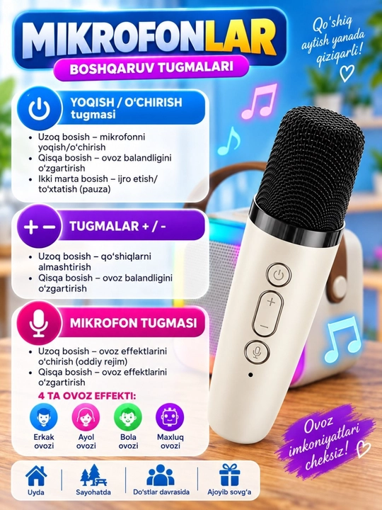 Karaoke uchun 2 ta mikrofonli portativ Bluetooth kalonka K12, karnay, RGB