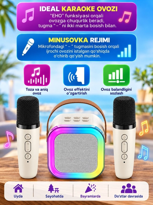 Karaoke uchun 2 ta mikrofonli portativ Bluetooth kalonka K12, karnay, RGB