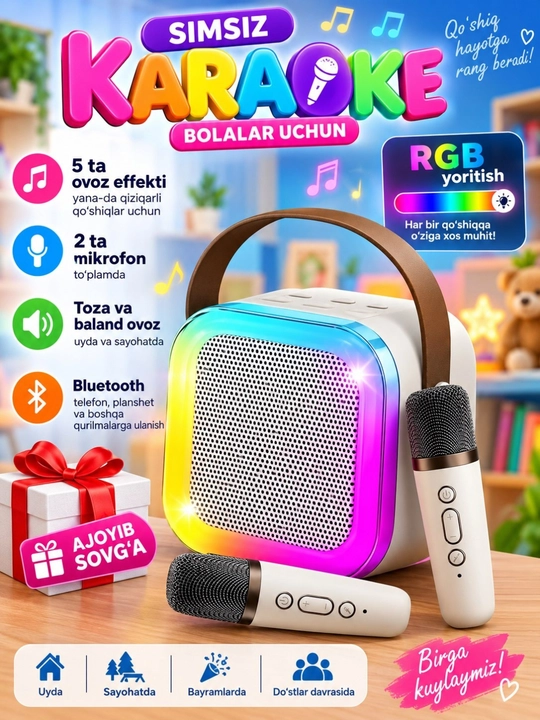 Karaoke uchun 2 ta mikrofonli portativ Bluetooth kalonka K12, karnay, RGB - 