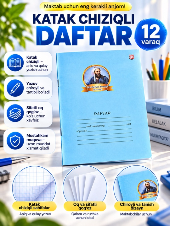 12 va 48 varaqli katak chiziqli daftar, maktab va kundalik yozuvlar uchun - 