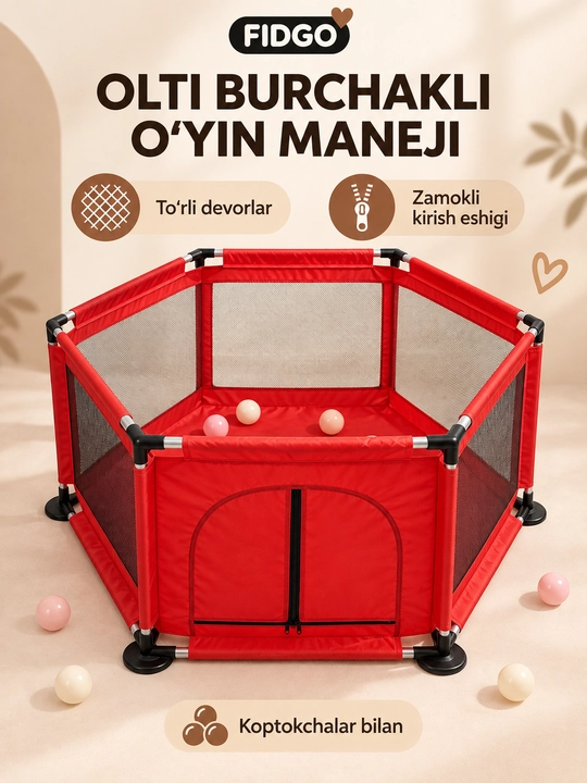 FIDGO bolalar o‘yin maneji, koptokchalar, to‘rli devorlar va zamokli kirish - 
