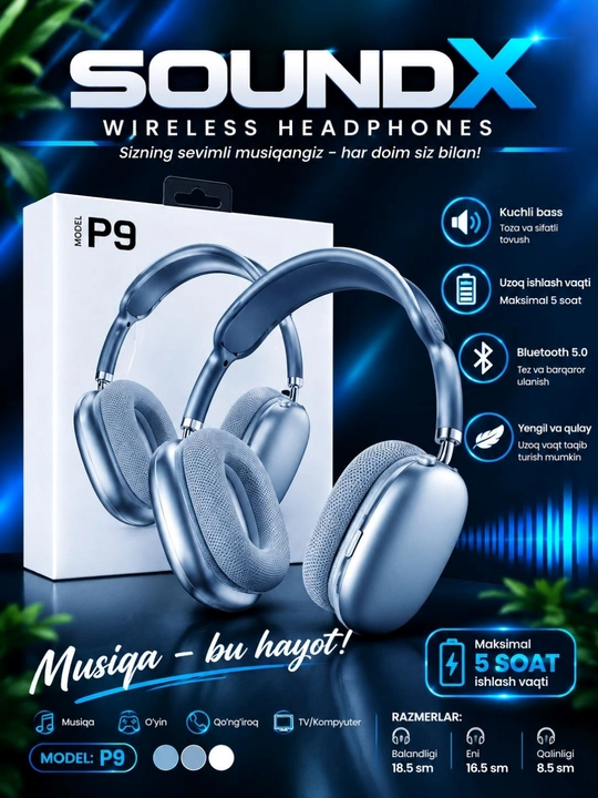 Беспроводные Bluetooth-наушники P9 с микрофоном, 100A MAX - 