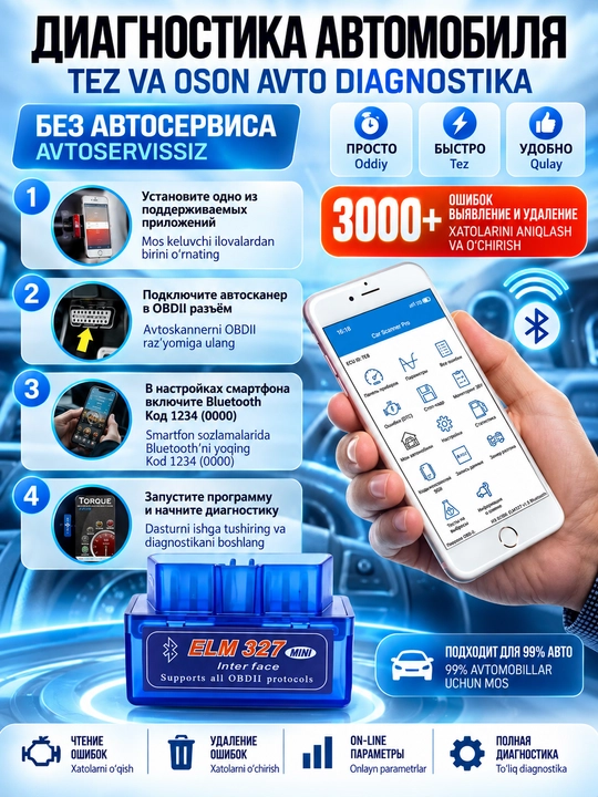 Автосканер ELM 327 v1.5, чип PIC18F25K80, две платы, Bluetooth 5.1, OBD2, Android, Windows