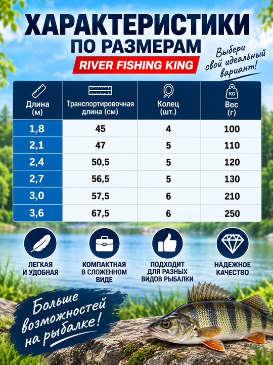 RIVER FISHING KING teleskopik qarmoq, 1,8–3,6 m, baliq ovlash uchun yig‘ma qarmoq