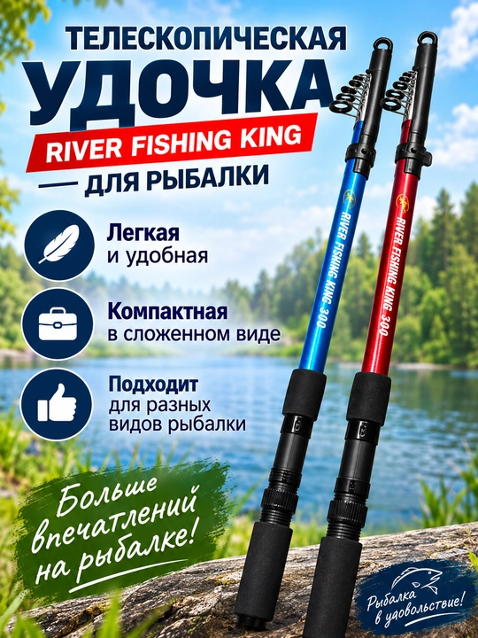 RIVER FISHING KING teleskopik qarmoq, 1,8–3,6 m, baliq ovlash uchun yig‘ma qarmoq
