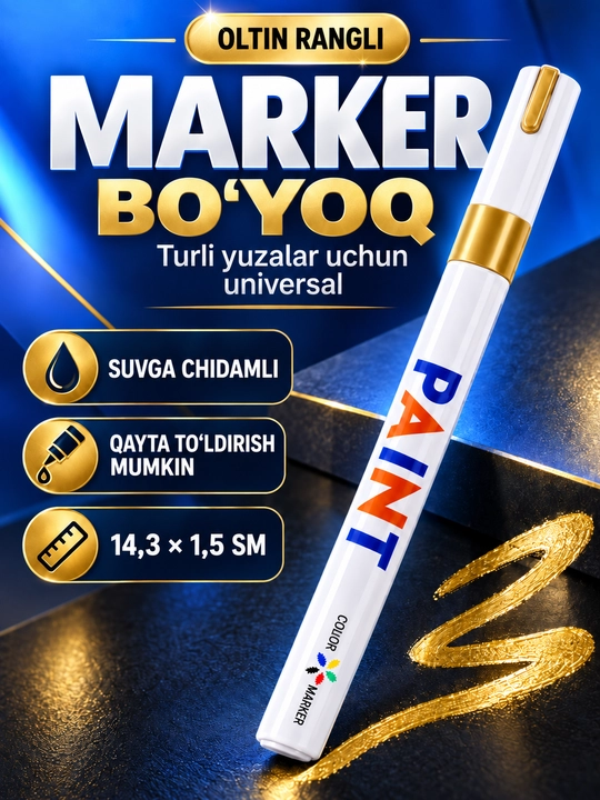 Marker-bo‘yoq, 12 rangli, suvga chidamli, turli yuzalar uchun