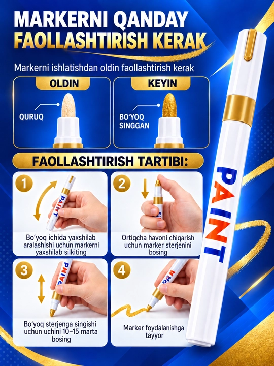 Marker-bo‘yoq, 12 rangli, suvga chidamli, turli yuzalar uchun