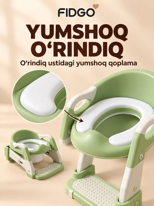 FIDGO bolalar unitaz o‘rindig‘i, zinapoya, tutqichlar va yumshoq qoplama bilan