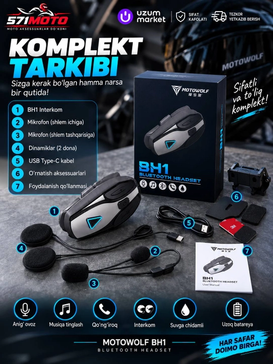 MOTOWOLF BH1 — Bluetooth garnitura, motoshlem uchun