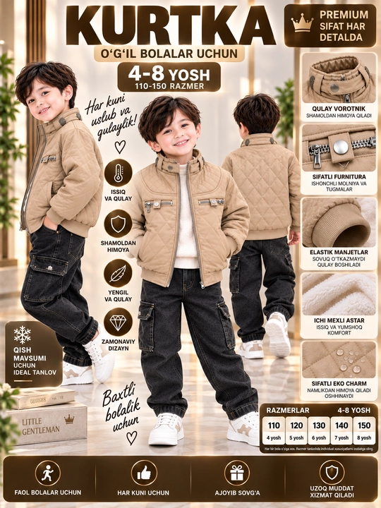 4-8 yoshli o‘g‘il bolalar uchun qishki kurtka, ekologik charm, mo‘yna astarli, qalin