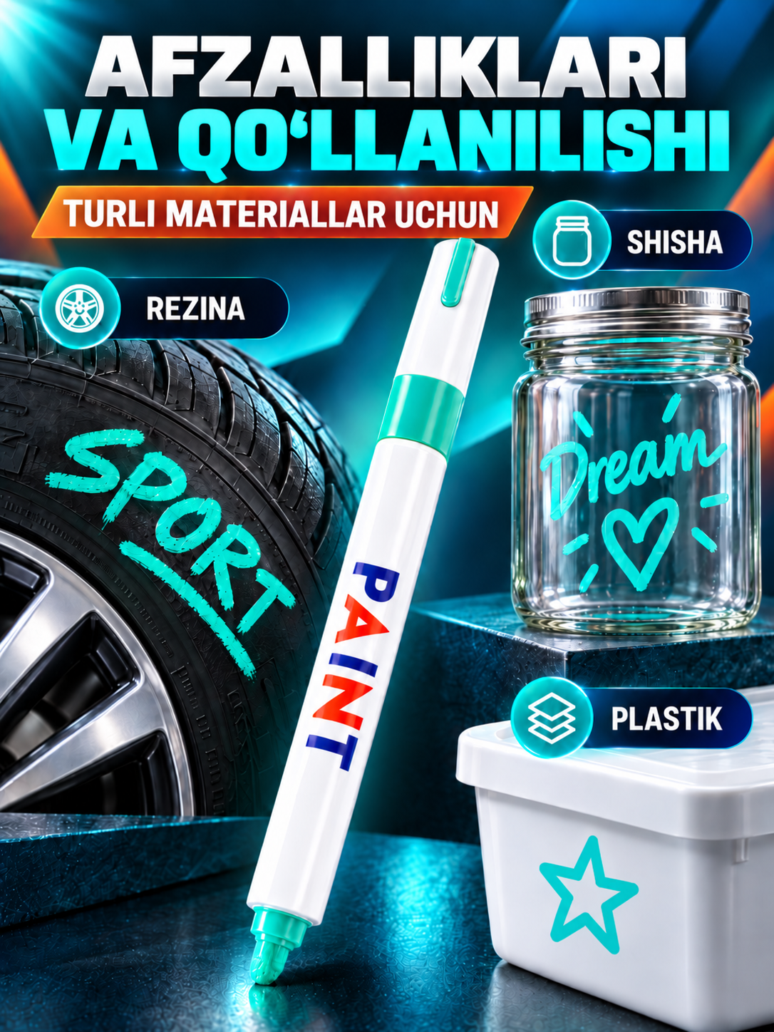 Marker-bo‘yoq, suvga chidamli, turli yuzalar uchun