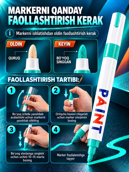 Marker-bo‘yoq, suvga chidamli, turli yuzalar uchun