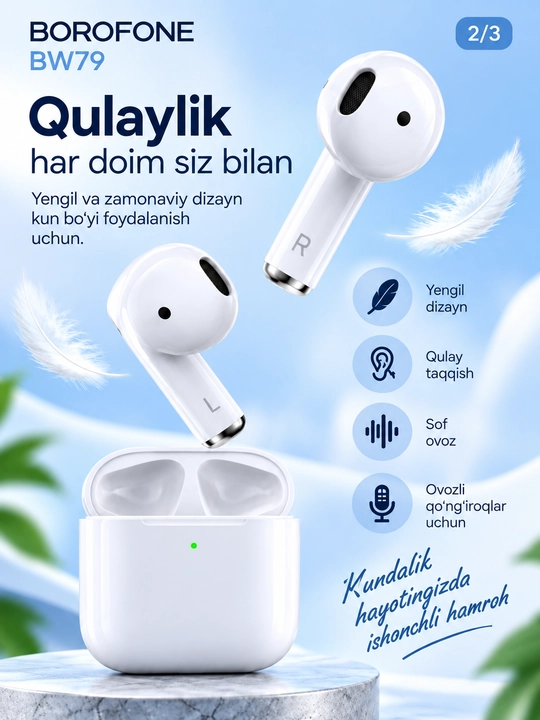 Borofone BW79 TWS Bluetooth quloqchinlari, simsiz, mikrofon va quvvatlash qutisi bilan