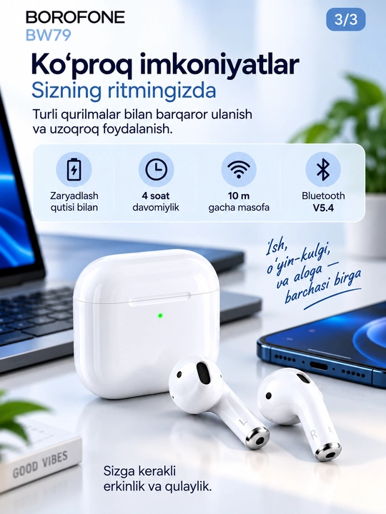 Borofone BW79 TWS Bluetooth quloqchinlari, simsiz, mikrofon va quvvatlash qutisi bilan