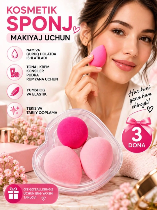 Makiyaj uchun 3 dona gubka, tonal krem va konsiler uchun kosmetik go‘zallik blenderi - 