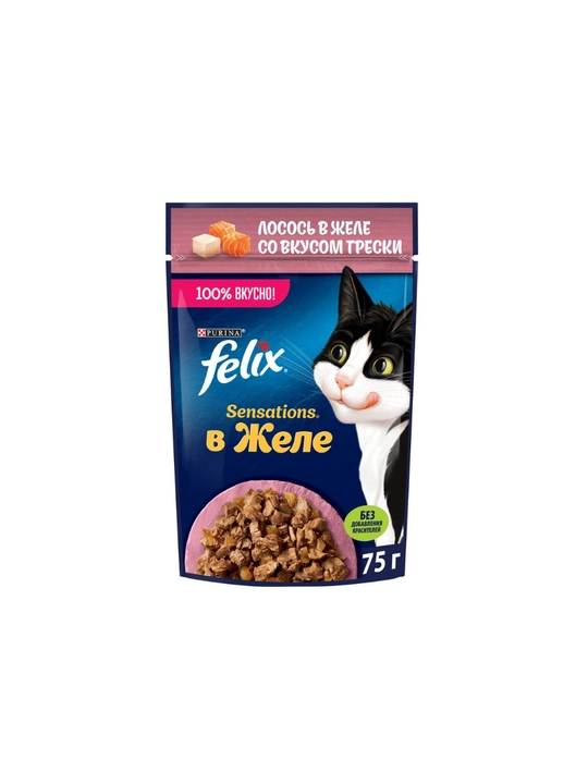 Корм влажный Felix для взрослых кошек с лососем в желе с добавлением трески, 75 г - 