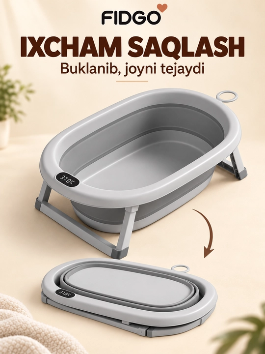 Termometr va cho‘milish uchun yumshoq vkladishli FIDGO bolalar yig‘ma vannasi