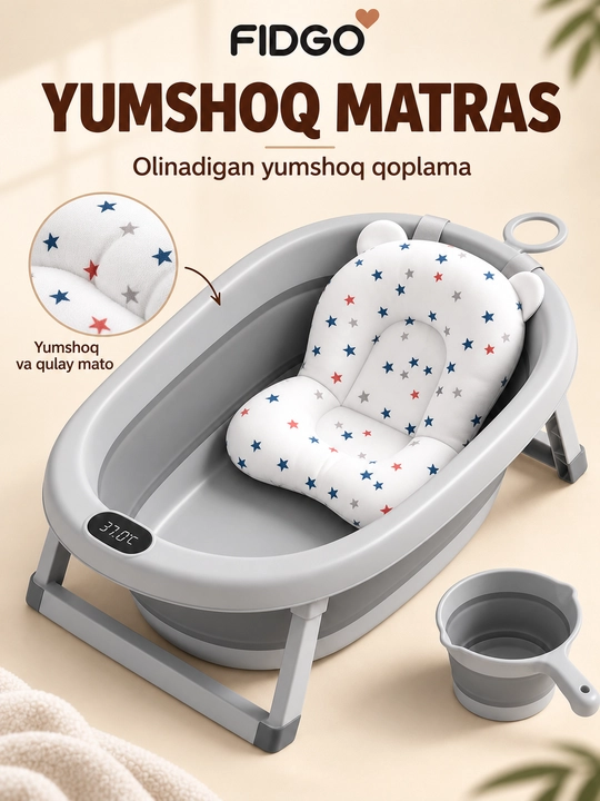 Termometr va cho‘milish uchun yumshoq vkladishli FIDGO bolalar yig‘ma vannasi