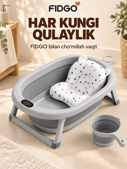 Termometr va cho‘milish uchun yumshoq vkladishli FIDGO bolalar yig‘ma vannasi