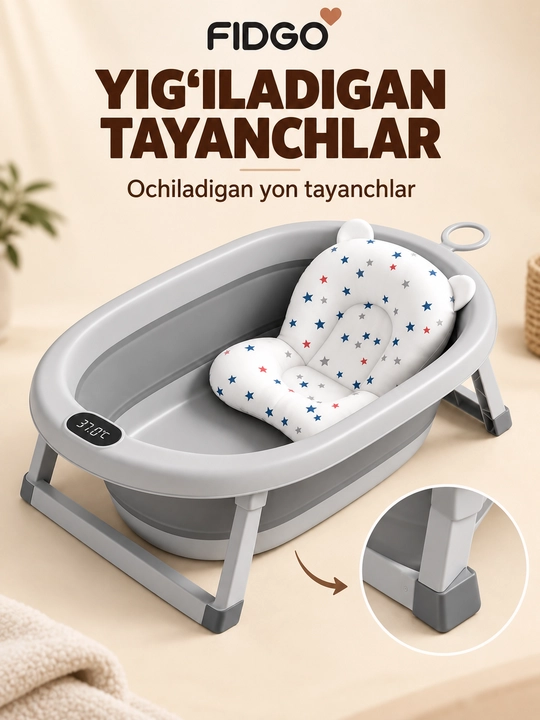 Termometr va cho‘milish uchun yumshoq vkladishli FIDGO bolalar yig‘ma vannasi