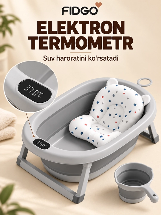 Termometr va cho‘milish uchun yumshoq vkladishli FIDGO bolalar yig‘ma vannasi