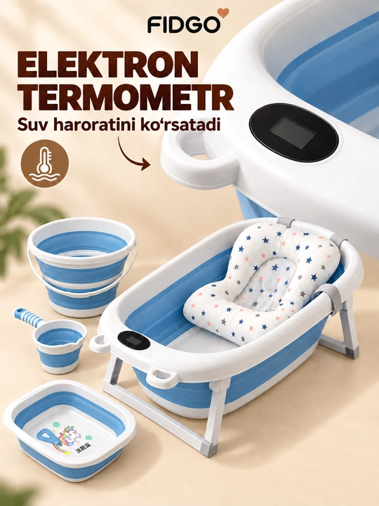 Termometr va cho‘milish uchun yumshoq vkladishli FIDGO bolalar yig‘ma vannasi
