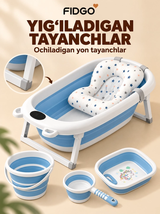 Termometr va cho‘milish uchun yumshoq vkladishli FIDGO bolalar yig‘ma vannasi