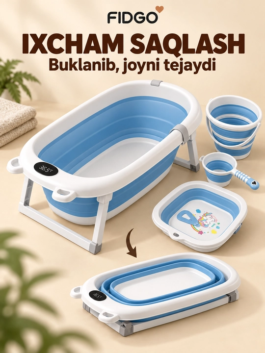 Termometr va cho‘milish uchun yumshoq vkladishli FIDGO bolalar yig‘ma vannasi