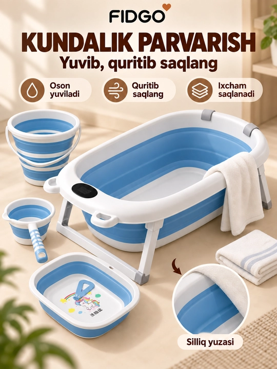 Termometr va cho‘milish uchun yumshoq vkladishli FIDGO bolalar yig‘ma vannasi