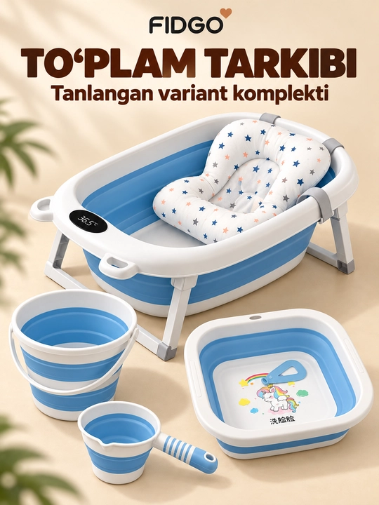 Termometr va cho‘milish uchun yumshoq vkladishli FIDGO bolalar yig‘ma vannasi