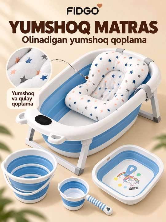 Termometr va cho‘milish uchun yumshoq vkladishli FIDGO bolalar yig‘ma vannasi