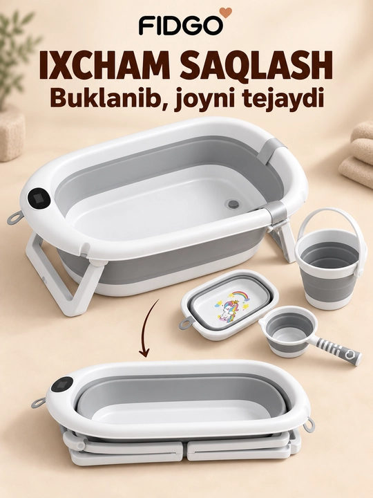 Termometr va cho‘milish uchun yumshoq vkladishli FIDGO bolalar yig‘ma vannasi