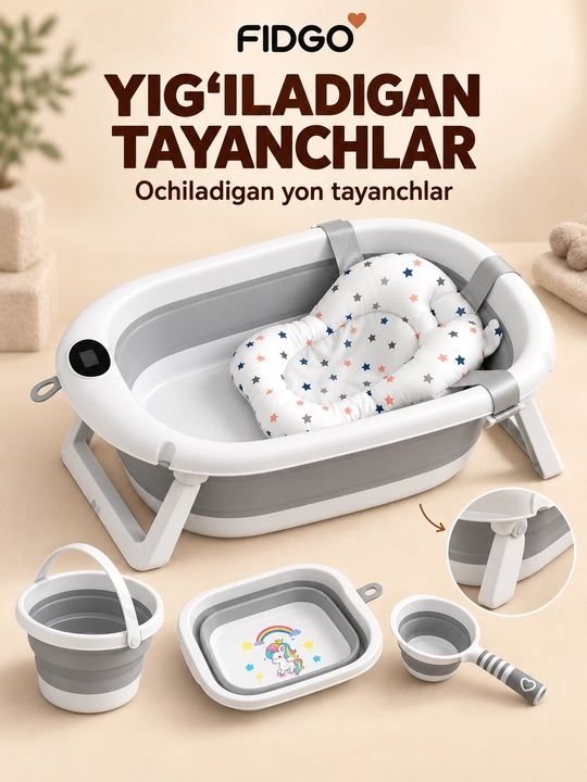 Termometr va cho‘milish uchun yumshoq vkladishli FIDGO bolalar yig‘ma vannasi