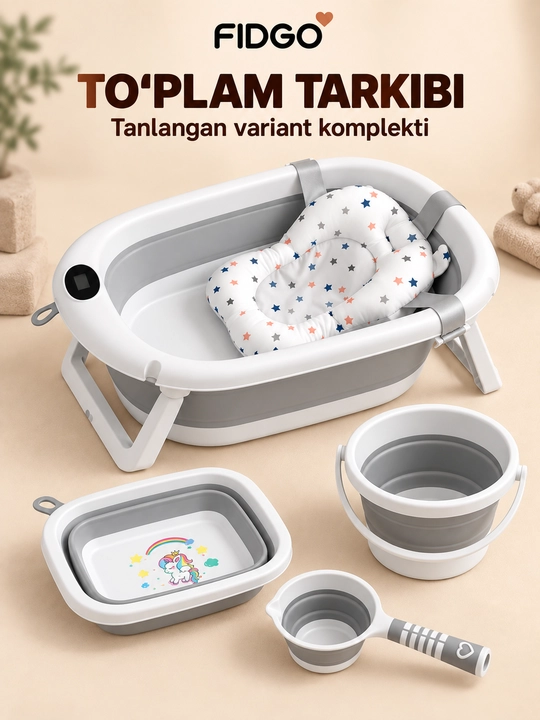 Termometr va cho‘milish uchun yumshoq vkladishli FIDGO bolalar yig‘ma vannasi