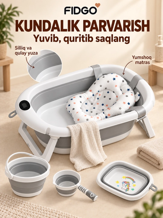 Termometr va cho‘milish uchun yumshoq vkladishli FIDGO bolalar yig‘ma vannasi