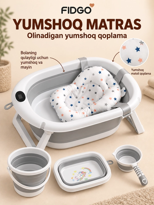 Termometr va cho‘milish uchun yumshoq vkladishli FIDGO bolalar yig‘ma vannasi