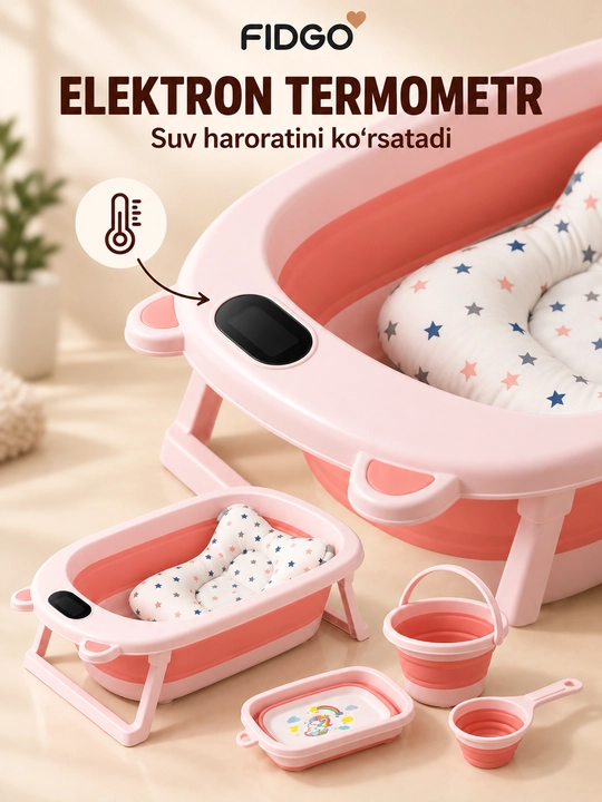 Termometr va cho‘milish uchun yumshoq vkladishli FIDGO bolalar yig‘ma vannasi