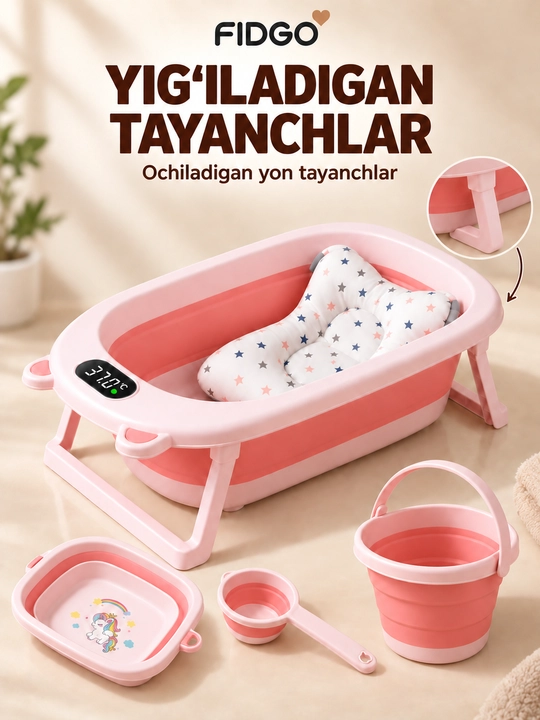 Termometr va cho‘milish uchun yumshoq vkladishli FIDGO bolalar yig‘ma vannasi