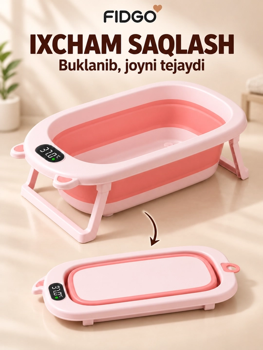Termometr va cho‘milish uchun yumshoq vkladishli FIDGO bolalar yig‘ma vannasi