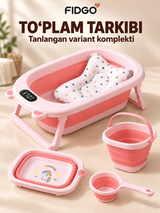 Termometr va cho‘milish uchun yumshoq vkladishli FIDGO bolalar yig‘ma vannasi
